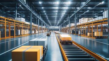 Modern warehouse with automated machinery photo