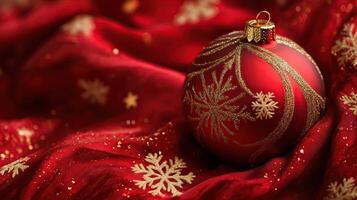 Red Christmas ornament resting on a soft red fabric photo