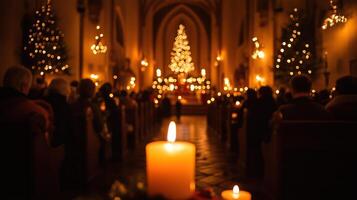 Candlelit service in a church with Christmas decorations photo