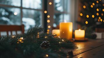 Cozy holiday setting with pine branches and warm lights photo