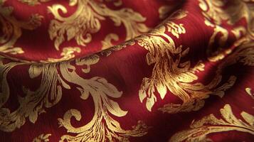 Elegant gold damask pattern on deep red fabric photo