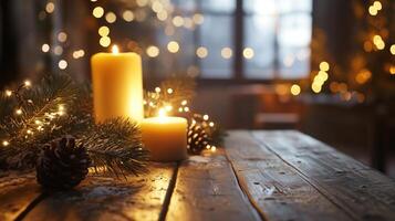Cozy holiday setting with pine branches and warm lights photo