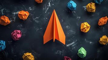 An orange paper airplane surrounded by colorful crumpled paper photo