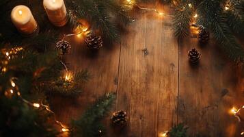 Cozy holiday setting with pine branches and warm lights photo