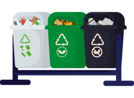 Three trash cans with different types of trash png