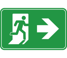A green exit sign with a man running in the direction of the arrow png