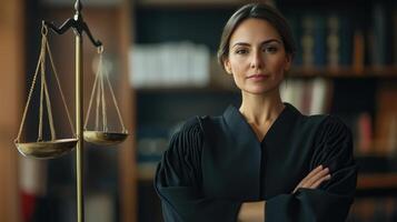 Confident female judge holding scales of justice photo