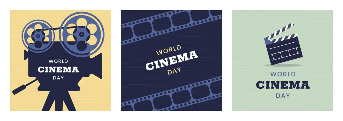 World Cinema Day square banners set. December 28. Retro colors. Minimal holiday concept. Template for background, social media post, web banner, card, poster with text inscription. Camera film