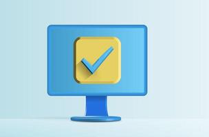 A blue computer monitor displaying a yellow checkbox symbol against a light background, conveying the idea of task completion and success vector