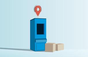 A blue delivery kiosk with location pin icon next to two cardboard boxes waiting for collection at a modern urban setting vector