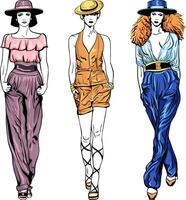 set fashion top models in trouser suits and hats vector