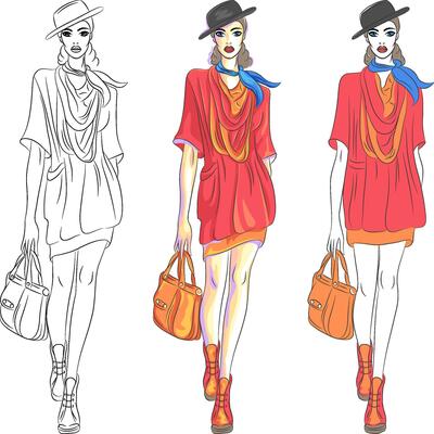 beautiful fashion girl top model in hat and with bag