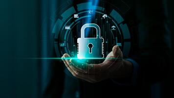 Businessman Engaging in Cybersecurity Measures on Laptop, Business in the Digital Age, Tech Security Online Privacy Smart Security Software Global Network Protection Digital Business Security photo