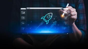 Businessman Launching AI-Powered Startup with Digital Interface, Emphasizing Technological Advancement and Entrepreneurial Success, Global tech startup innovates to connect photo