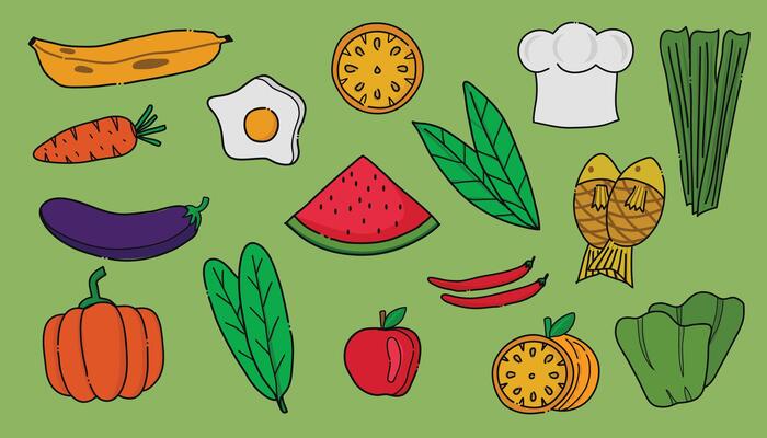 Illustration hand drawn of foods ,fruits and vegetables collection on green background.
