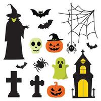 Halloween elements collection with haunted house, skull,bats,tree,pumpkins,moon,tombstone,witch,ghost and spider web. illustration vector