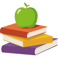 A green apple sits on top of a stack of books png