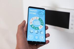Smartphone with launched application for alarm security system, lock or unlock surveillance camera outside. Focus on mobile. Smart and safe home concept. photo