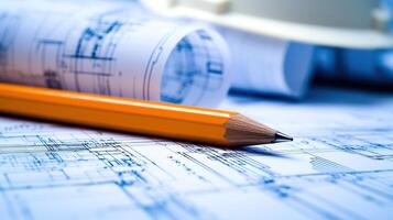 Close-up of blueprints and construction plans with a pencil photo
