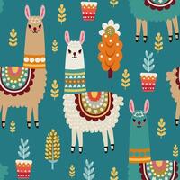 colored alpacas in an ornament on a background vector