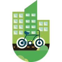 A green bicycle in front of a city building png