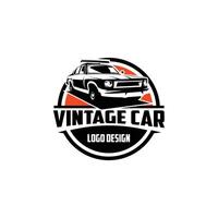 illustration of a protected Bluesmobile with a beautiful sunset view. worn old vintage car suitable for logos, badges, emblems, icons, design stickers, available in eps 10 vector