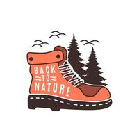 retro design for hiking, adventuring and camping. Illustration of hiking shoes exploring nature vector