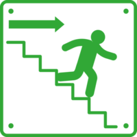 An image of an exit sign with a man running up stairs png