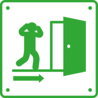An image of an exit sign with a man walking into the door png
