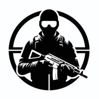 a silhouette of a man with a gun in front of a circle target, shooting shooter logo vector