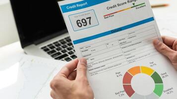 Credit Report with Score rating app on smartphone screen showing creditworthiness of a person for loan and mortgage application based on payment history and debt usage, budget management performance photo