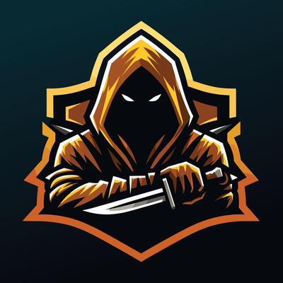 a hooded man with a knife in his hand, gaming game e-sport sports team logo design