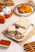 Turnip cake or Chai tow kway. Turnip cake is a common dish or dim sum of Teochew cuisine in Chaoshan, China usually cut into rectangular slices and sometimes pan fried before serving photo