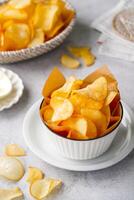Cassava chips, a traditional Indonesian snack, are made from thin slices of cassava and then dry fried sprinkled with salt photo