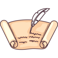 A scroll with a feather and a quill png