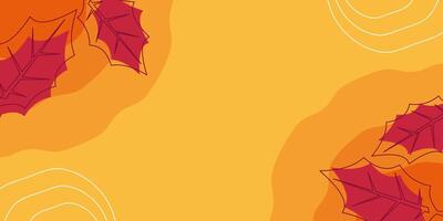 Autumn background orange colors abstract shapes, waves and leaves pattern with empty space for text. Template for banner, poster, social media vector