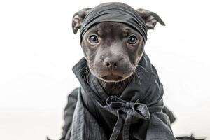 Happy Dog wearing Ninja costumes, studio lighting, isolated on white background, stock photographic style photo