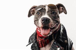 Happy Dog wearing Punk Rocker costumes, studio lighting, isolated on white background, stock photographic style photo