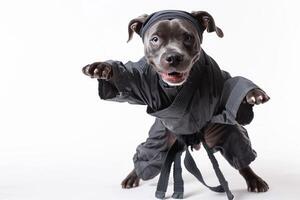 Happy Dog wearing Ninja costumes, studio lighting, isolated on white background, stock photographic style photo