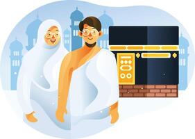 Couple Muslim in front of Kaaba Mecca wearing ihram in Islam Pilgrimage Hajj vector