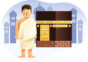Kid in front of Kaaba Mecca wearing ihram in Islam Pilgrimage Hajj vector