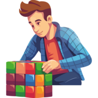 uma homem é construção uma enigma com colorida cubos png