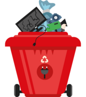 A red trash can with a computer and other items png