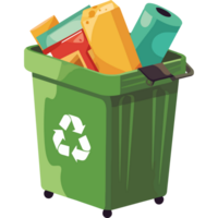 A green trash can with various items in it png