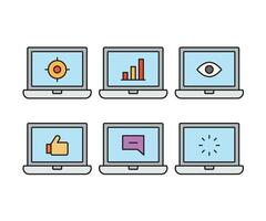 laptop computer and thumb up, loading, message and graph icons vector