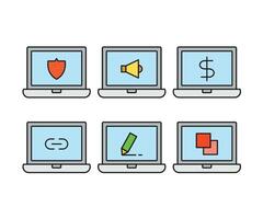 shield, megaphone, link and edit pen in laptop computer icons vector