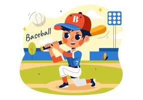 Cartoon Illustration of a Kid Baseball Player Throwing and Catching a Ball on a Stadium Field vector