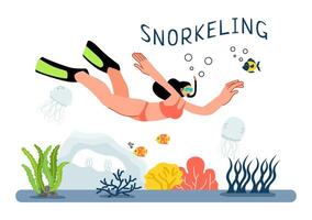 Illustration of Snorkeling Adventure in the Ocean with Coral Reefs and Marine Life in Flat Style vector