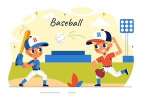 A Baseball Kid in Uniform Throwing and Catching a Ball with a Bat on a Stadium Field in a Cartoon Illustration vector