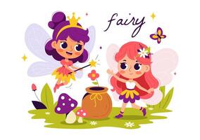 Fairy and Elf Illustration with Trees and Grass in a Flat Style Cartoon Scene vector